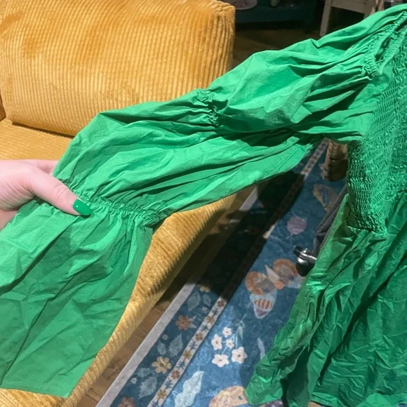 ELOQUII Smocked Jelly Bean Green MIDI Dress w/ Puff Sleeves - Picture 2 of 2